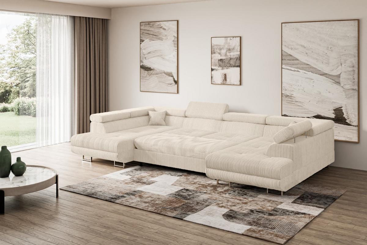WOHNLANDSCHAFT mit Schlaffunktion und Bettkasten GUSA-U 342x202x107 cm Beige Cord - Beige/Silberfarben, Holzwerkstoff/Textil (342/107/202cm) - ALTDECOR