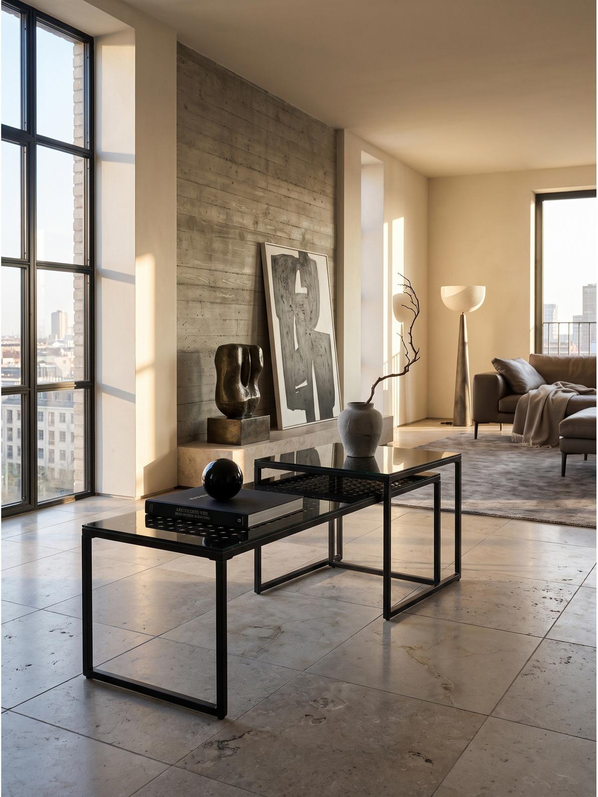 SOFATISCHE 2er-Set ALCUDIA, Einscheibensicherheitsglas, Schwarz, 100 x 40 x 35 cm - Schwarz, Glas/Metall (40/100/35cm) - KADIMA DESIGN