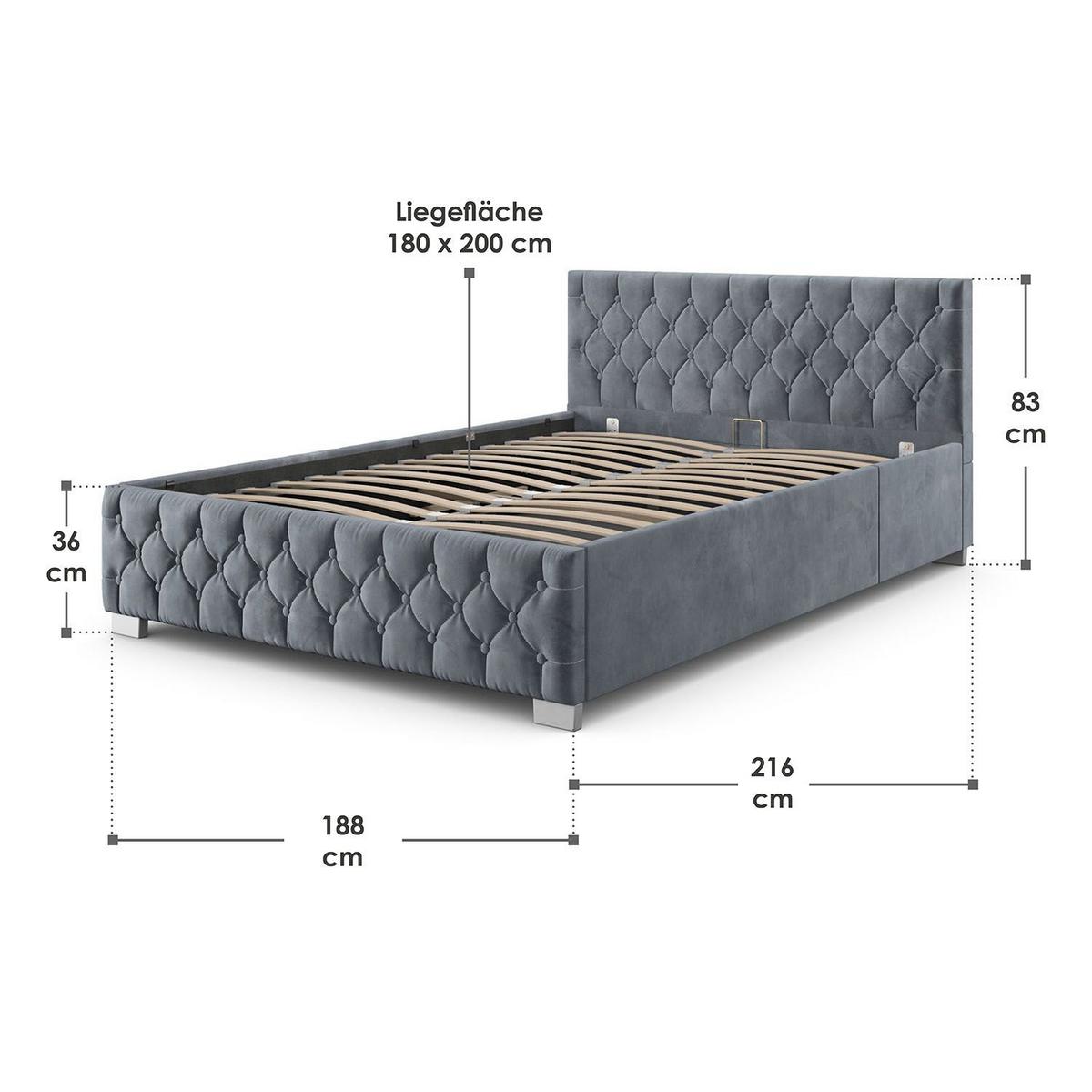 POLSTERBETT Nizza dunkelgrau 180x200 cm - Dunkelgrau, Holz (180/200cm) - Juskys