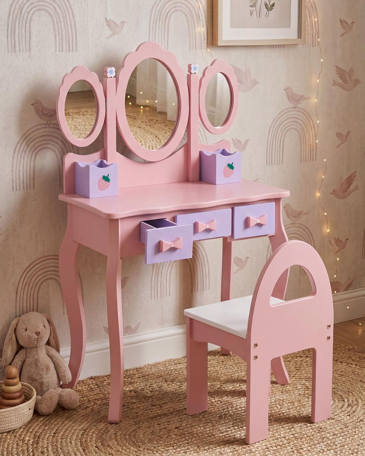 KINDERSCHMINKTISCH mit Stuhl Rosa Rosabelle - Pink, Holz/Holzwerkstoff (60/98/29cm) - Beliani