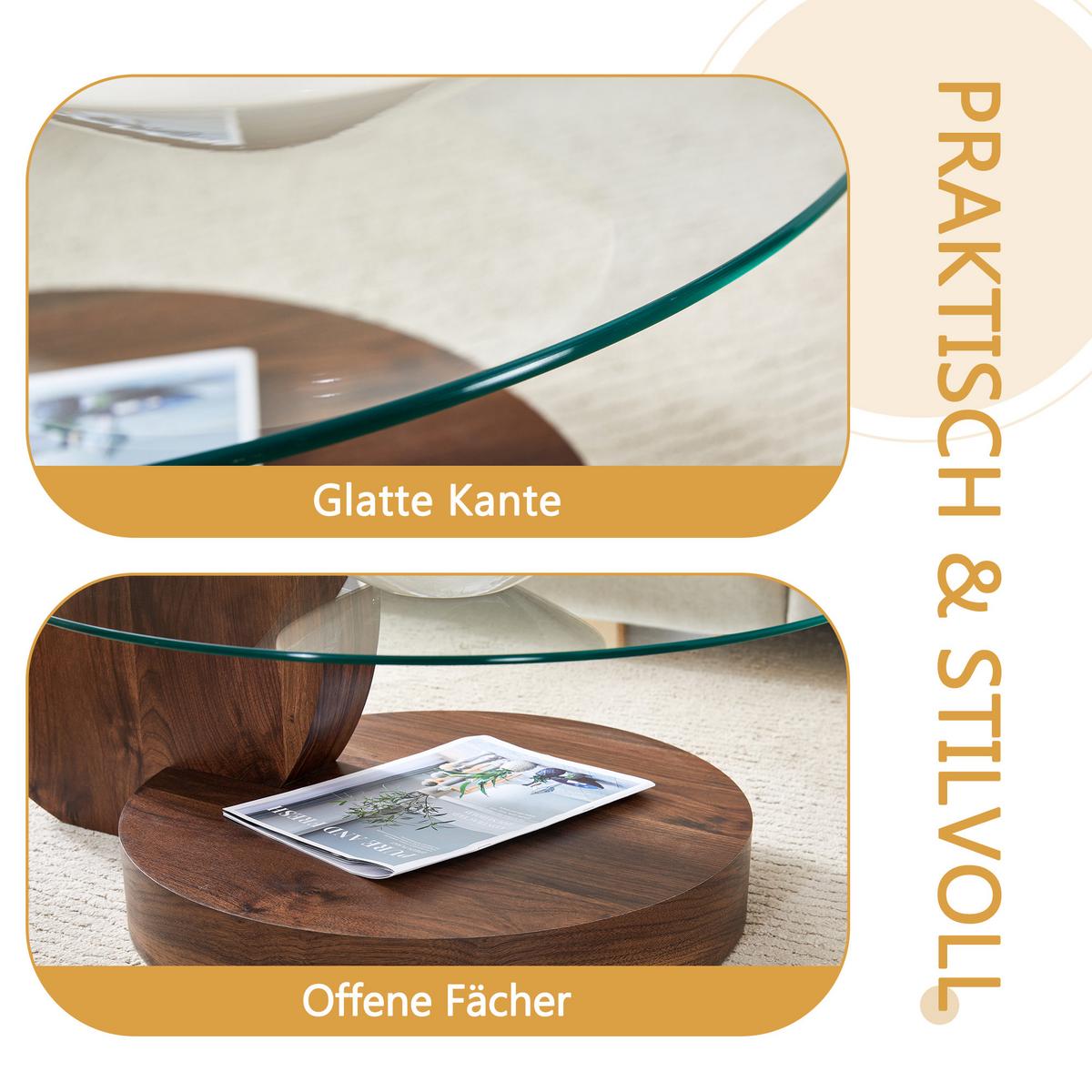 COUCHTISCH glas walnuss mehrstufig stauraum - Walnussfarben, Holzwerkstoff (70/90/44cm) - Urban Meuble
