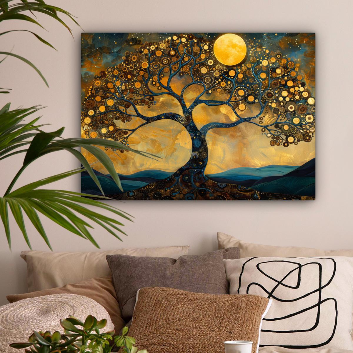 LEINWANDBILD Baum - Mond - Blumen - Gold - Kunst Wandbilder 80x60 cm - Orange, Textil (80/60cm) - MuchoWow