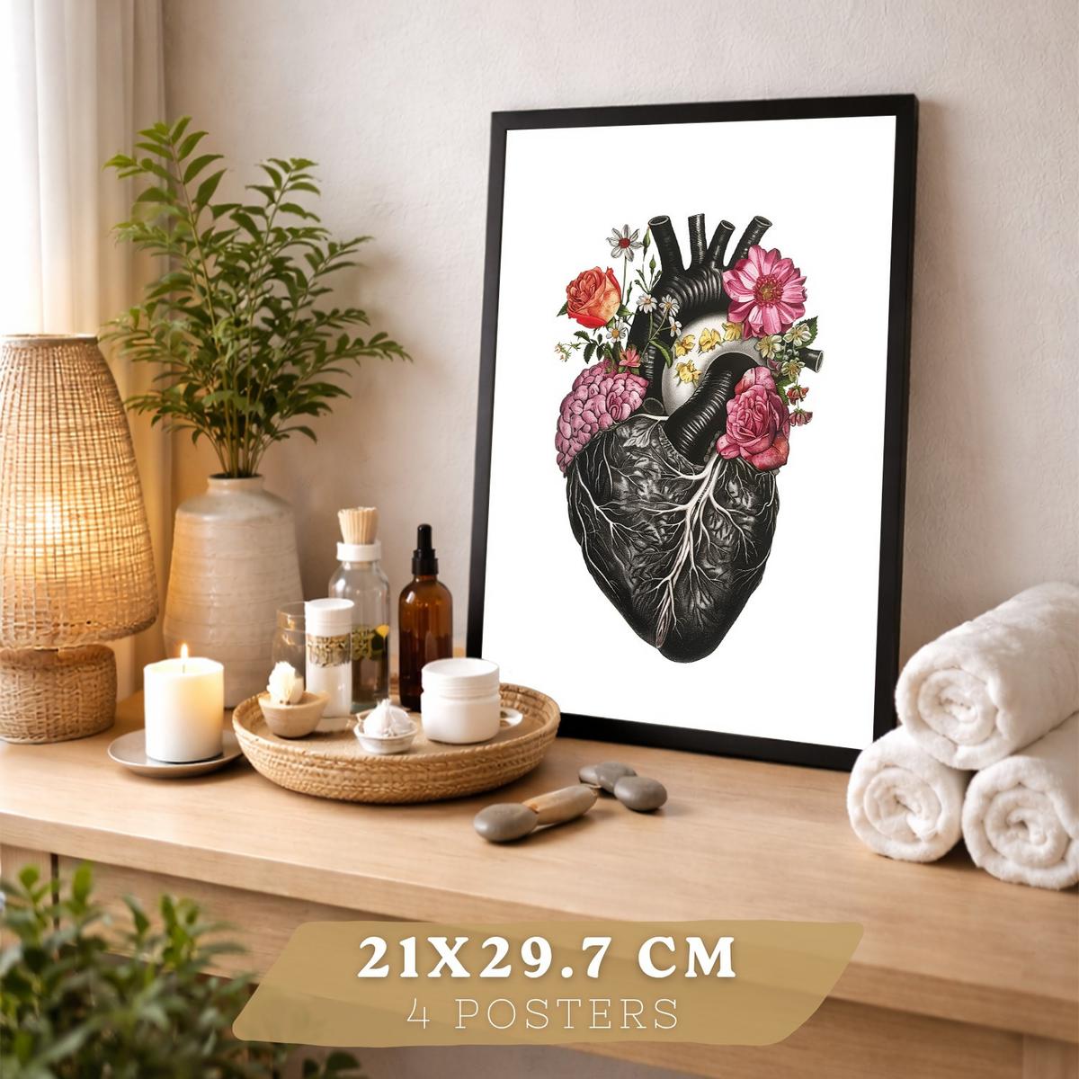 POSTER Set aus 4 Anatomie Drucke und Dekorative mit Gehirn Herz Lungen Atmungssystem Rippen Wirbelsäule Modernes Florales Größe Schwarzer Rahmen A4 - Schwarz, Papier (21/29.7/3cm) - Nacnic