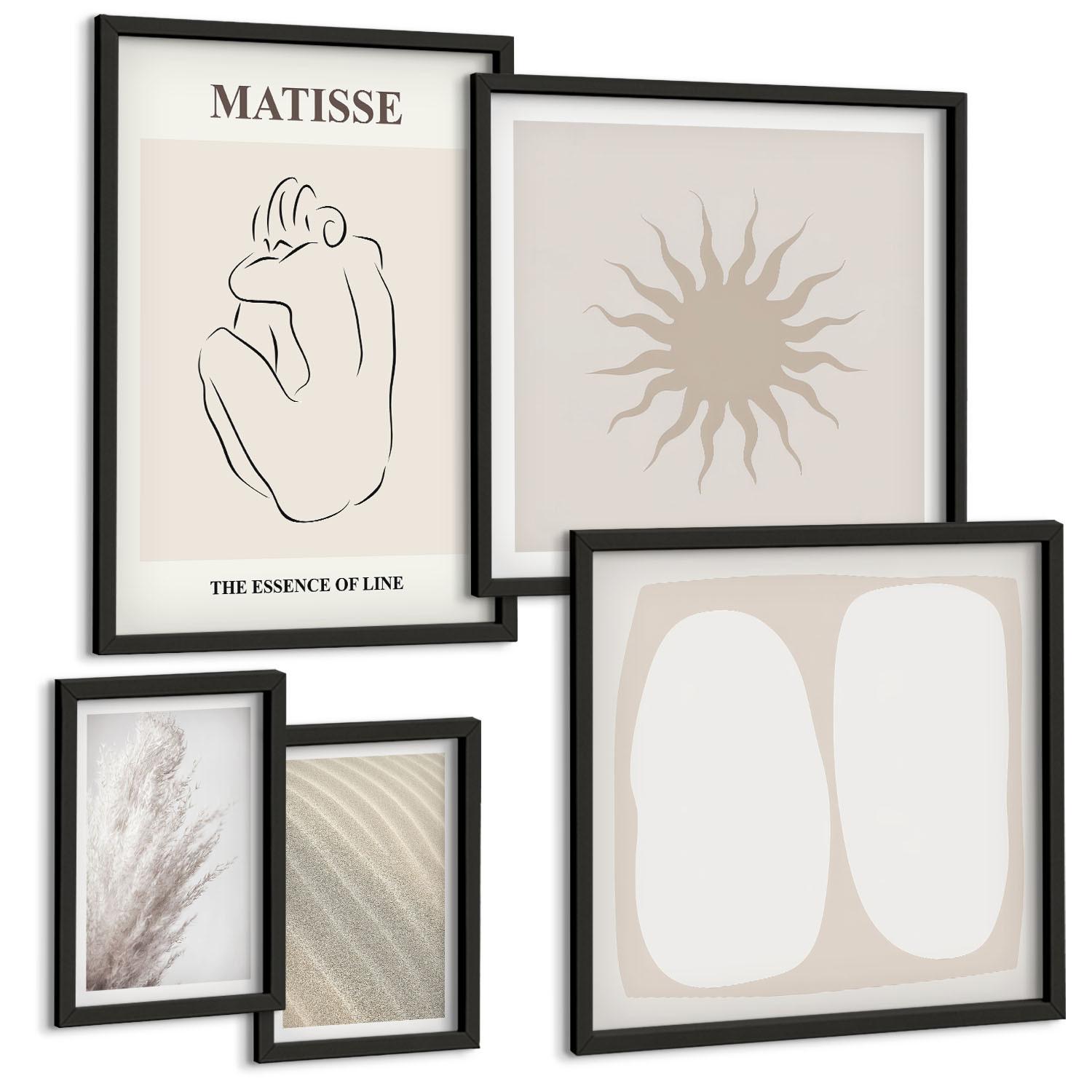 BILDER SET 5er Set - 50x50 cm & 20x30 cm & 40x60 cm Schwarzer Rahmen - Minimalistische Sandwellen - Schwarz, Kunststoff (40/60cm) - TULUP