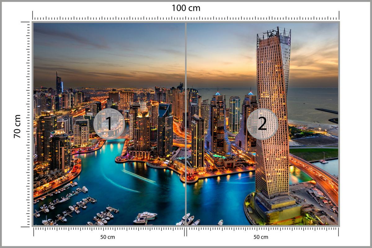 FOTOTAPETE für Büro Hochhäuser Dubai Marina Hafen Lichter Modern 100x70 - Türkis/Gelb, Papier (100/70cm) - Muralo
