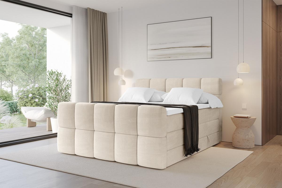 BOXBETT mit Matratze H3/H4 - FAMA-Z KING - 120x200 cm Beige Poso - Ecru, Holzwerkstoff (120/200cm) - ALTDECOR