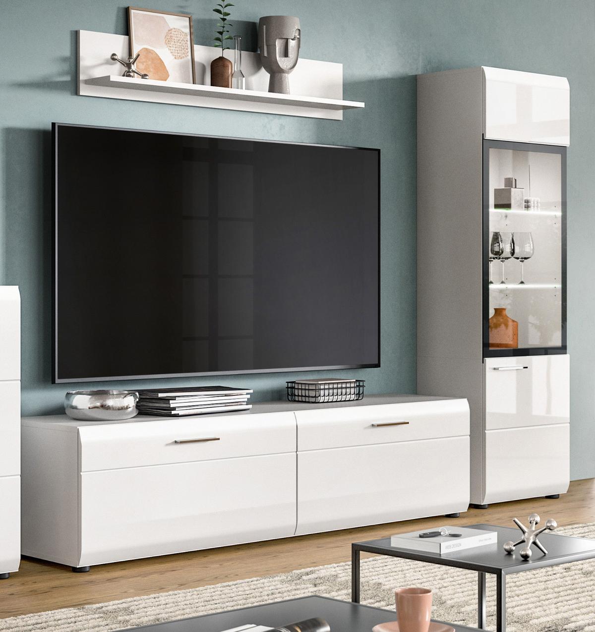 WOHNWAND weiß Hochglanz 3-teilig 220 cm, Schrankwand mit viel Stauraum - Weiß Hochglanz/Silberfarben, Glas/Holzwerkstoff (220/160/41cm) - Inn.Furn