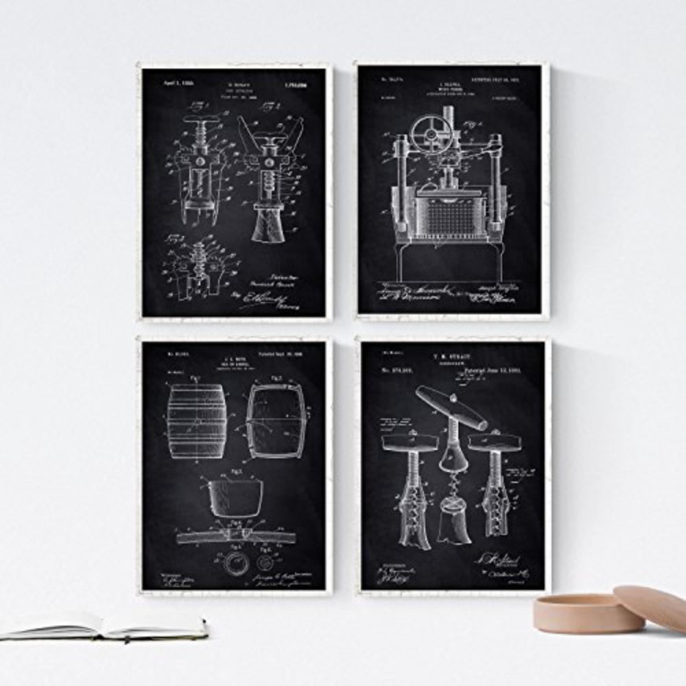 POSTER Set mit 4 Schwarz Patenten Wein A4 Schwarzer Rahmen - Schwarz, Papier (29.7/3cm) - Nacnic
