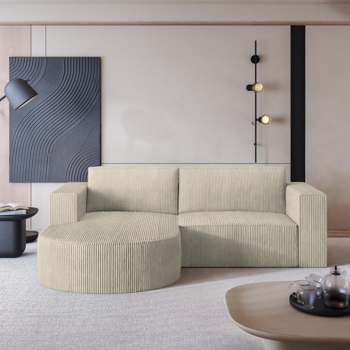 ECKSOFA SORELA P L-S Creme Kordstoff mit Schlaffunktion - Creme, Holz (263/174cm) - MASSENO