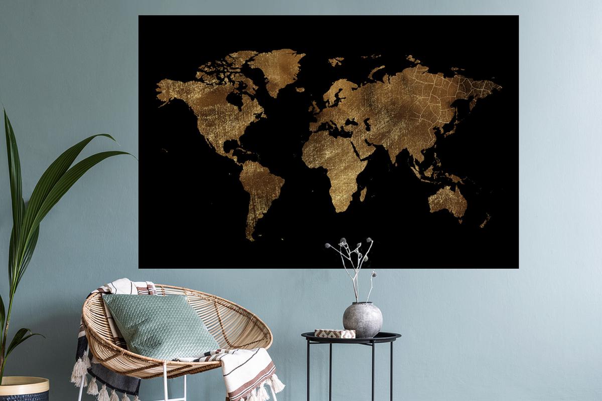 WANDTATTOO Weltkarte - Gold - Luxus - Erde - Schwarz Wandsticker 120x80 cm - Goldfarben, Kunststoff (120/80/0.1cm) - MuchoWow