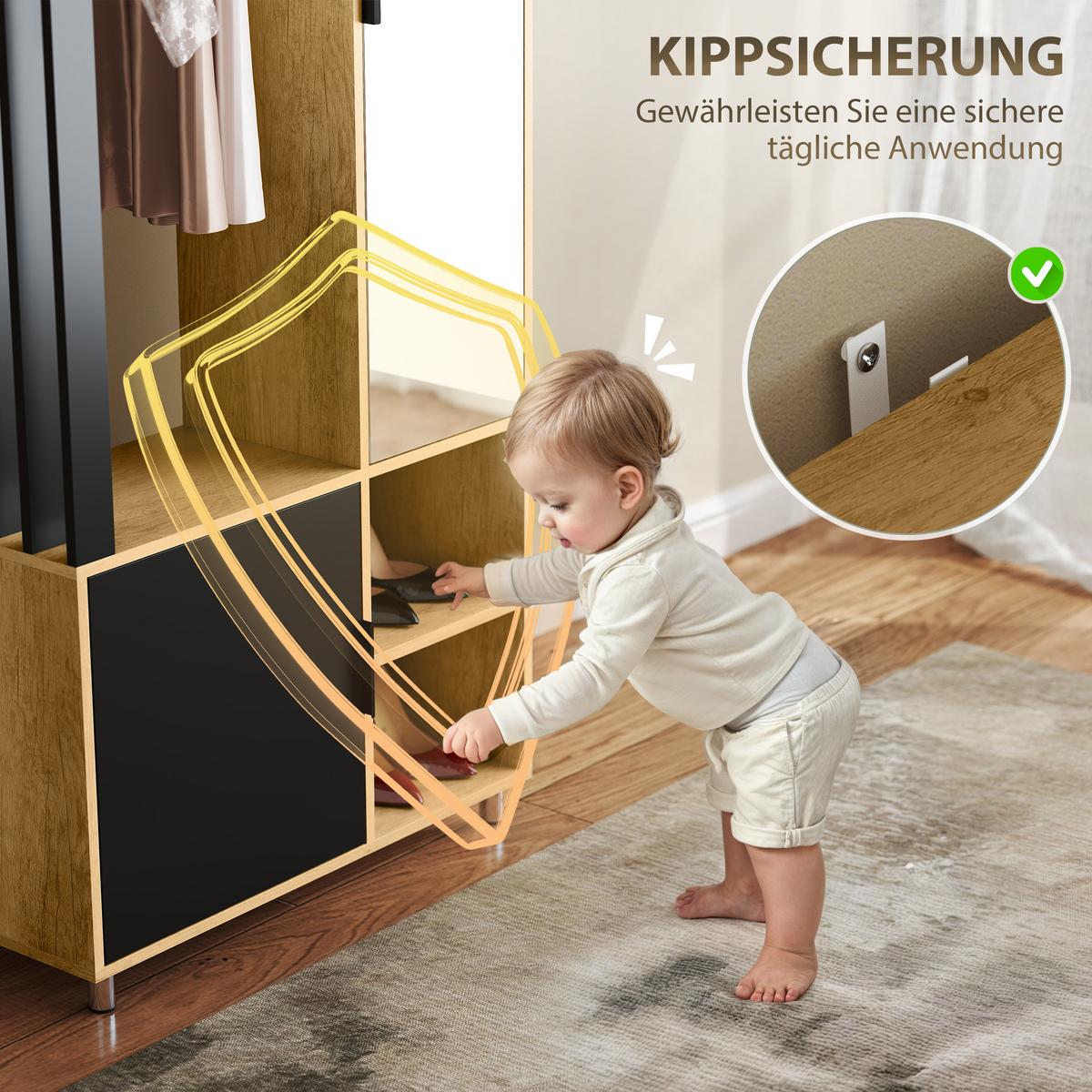 GARDEROBENSCHRANK mit Spiegel, Kleiderstange & Schuhschrank - Schwarz/Naturfarben, Holzwerkstoff/Kunststoff (30/175/80cm) - HOMCOM