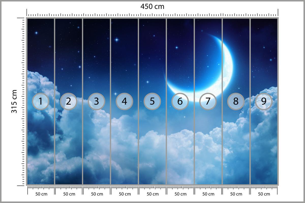 FOTOTAPETE für Schlafzimmer Himmel Wolken Mond Sterne 450x315 - Blau/Dunkelblau, Papier (450/315cm) - Muralo