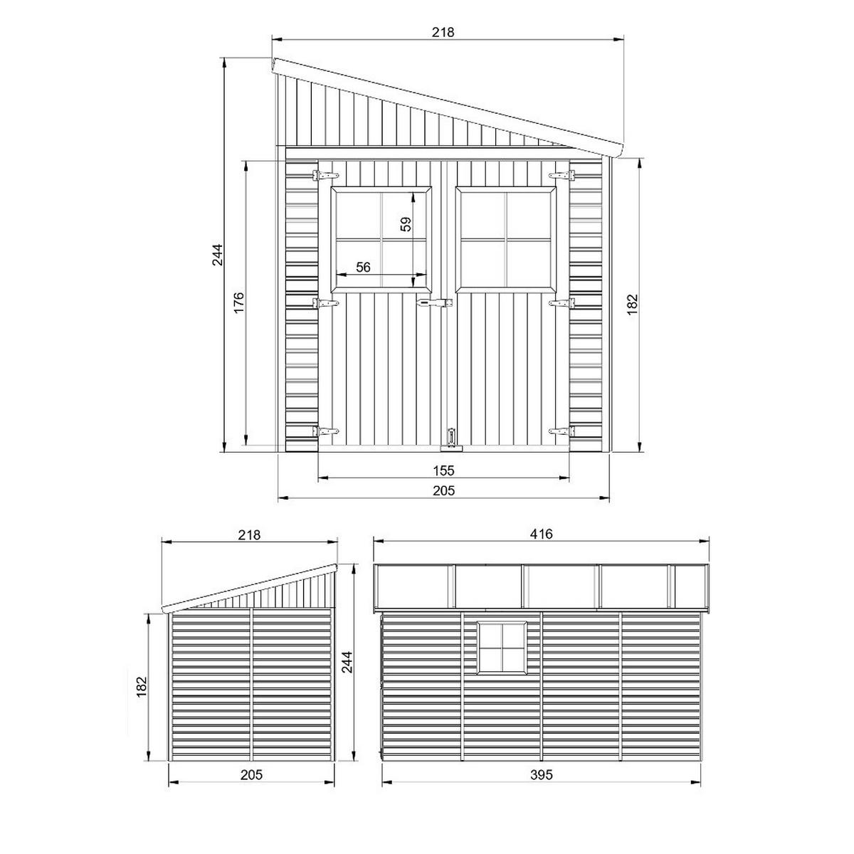 HOLZ-GARTENHAUS (mit Seitenwand) MIT IMPRÄGNIERTEM BODEN - H244x216x416 cm/8 m2 -IMBELA M340A+M340G - Beige, Holz (218/250/395cm) - Timbela