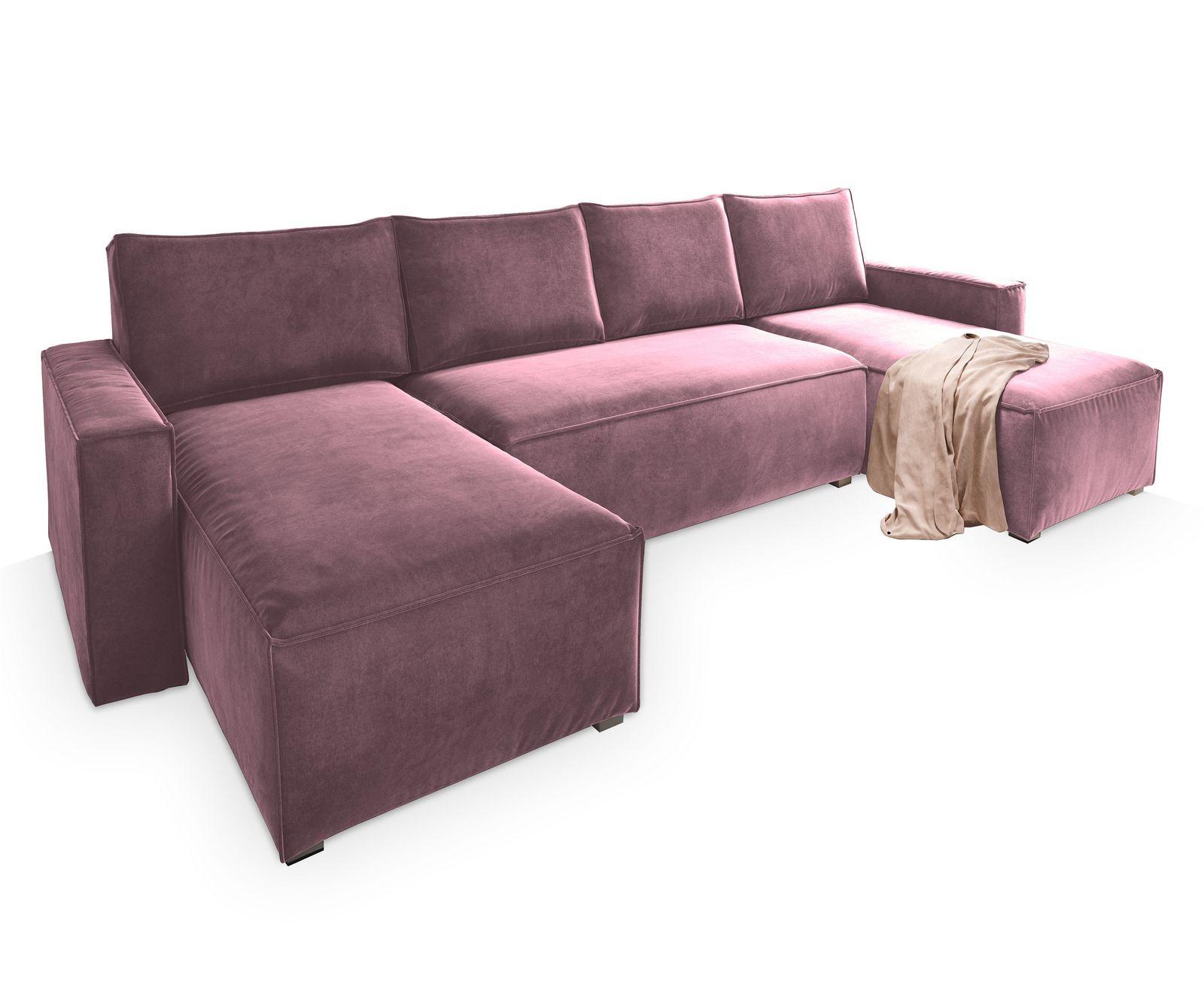WOHNLANDSCHAFT DENI Lila Velours-Stoff mit Schlaffunktion - Lila/Grau, Holz/Kunststoff (295/85/140cm) - MASSENO