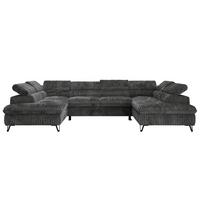 WOHNLANDSCHAFT PABLO U Cord Grau mit Topper Visco - Dunkelgrau/Schwarz, Textil/Metall (346/76/208cm) - MKS