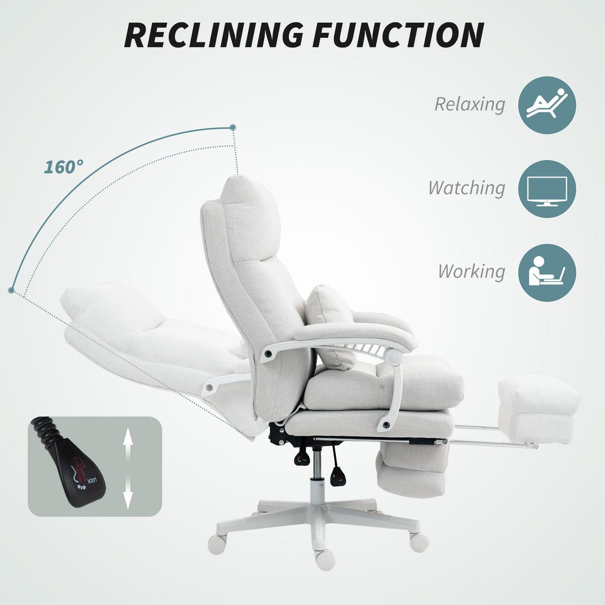 BÜROSTUHL Ergonomischer Schreibtischstuhl mit Lendenwirbelstütze, Fußstütze - Creme, Textil (68/122/70cm) - HOMCOM