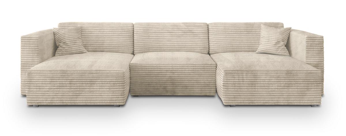 WOHNLANDSCHAFT SARMO Creme Kordstoff mit Schlaffunktion - Creme/Grau, Holz/Kunststoff (347/90/148cm) - MASSENO