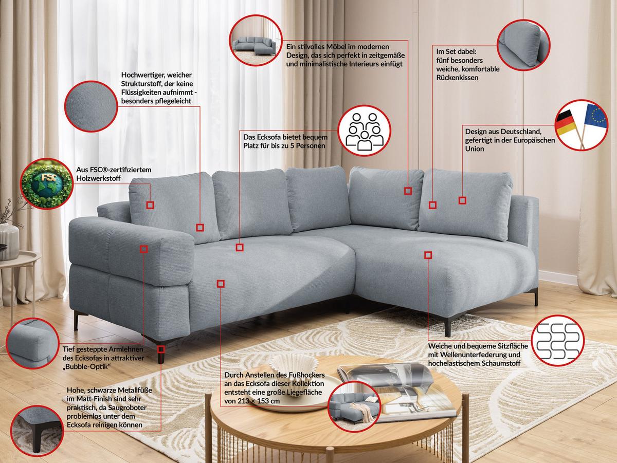 ECKSOFA inkl. Hocker Cardea mit Schlaffunktion in Bubble-Optik aus weichem Grau Strukturstoff und hohem Sitzkomfort - Ottomane rechts - Schwarz/Grau, Holz/Textil (230/170cm) - S-Style Möbel