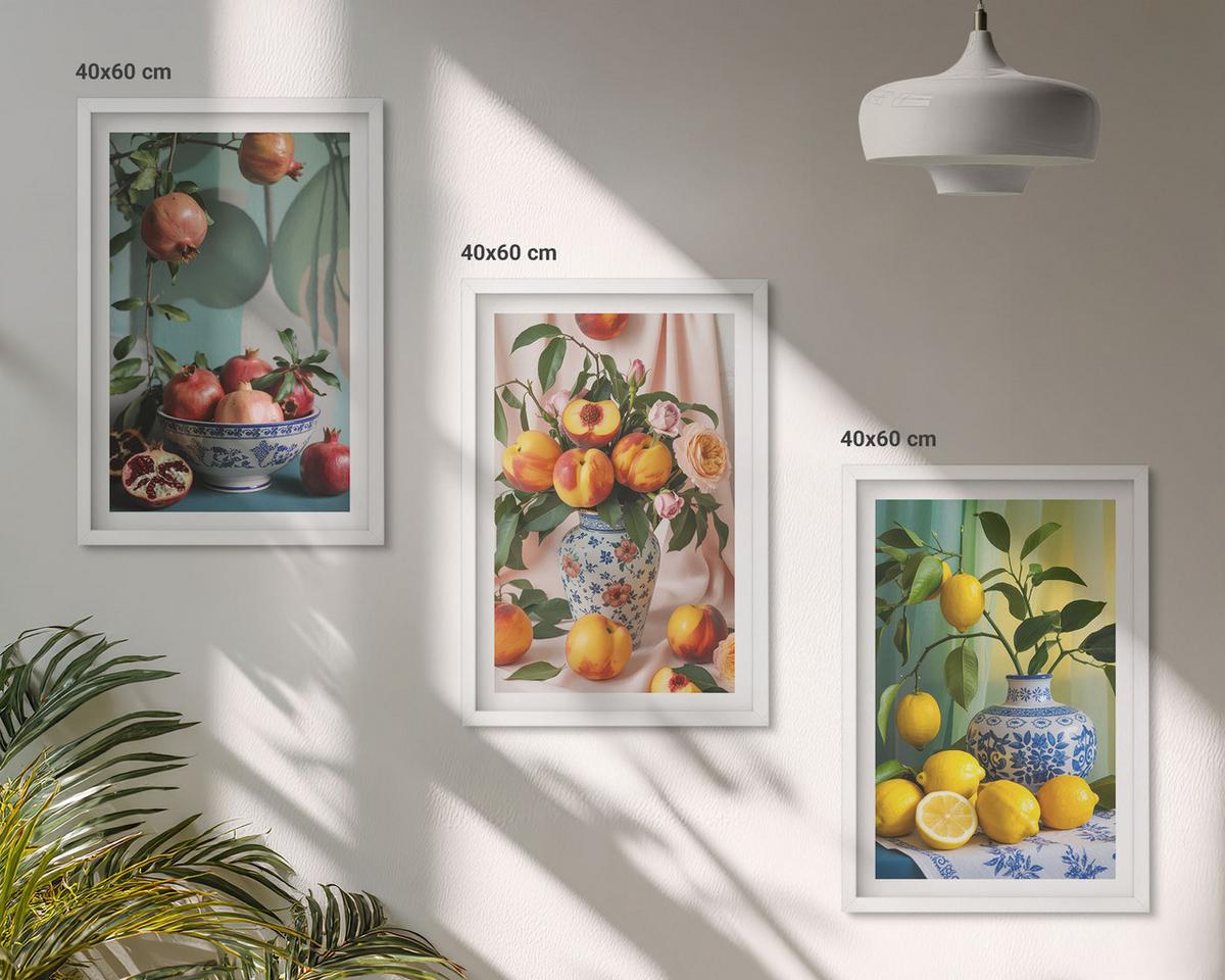 BILDER SET 3er Set - 40x60 cm Weißer Rahmen - Granatäpfel, Pfirsiche, Zitronen - Weiß, Kunststoff (40/60cm) - TULUP