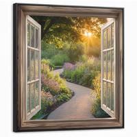LEINWAND Bilder mit Rahmen - Aussicht - Blumen - Natur - Sonne - Weg - 90x90 - Hellgelb, Textil (90/90cm) - MuchoWow