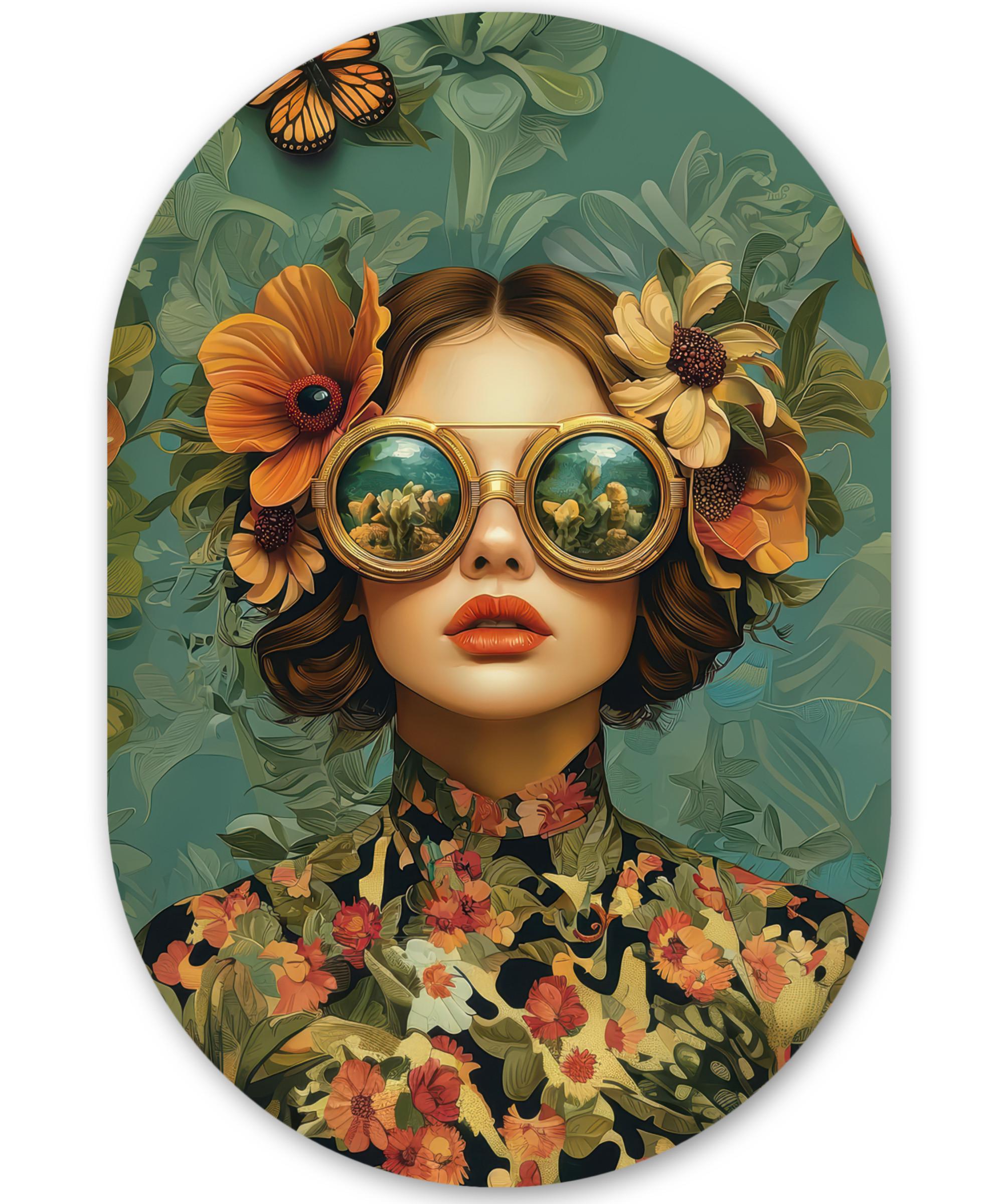 WANDBILD Frau - Blumen - Schmetterlinge - Natur - Vintage Deko Groß 80x120 cm - Petrol, Kunststoff (80/120cm) - MuchoWow