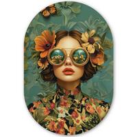 WANDBILD Frau - Blumen - Schmetterlinge - Natur - Vintage Deko Groß 80x120 cm - Petrol, Kunststoff (80/120cm) - MuchoWow