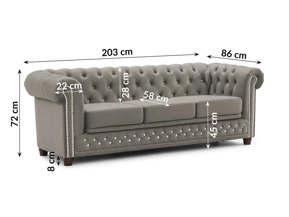 CHESTERFIELD-SOFA 3-Sitzer mit Schlaffunktion Cleo Blink Grau Samt mit Kristallsteppung und braunen Massivholzfüßen - Braun/Grau, Holz/Textil (203/72/86cm) - S-Style