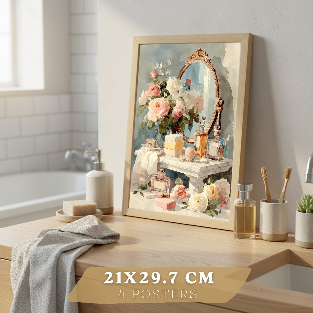 POSTER 4er-Set dekorative Badezimmerdrucke, romantischer Stil, Bilder mit Blumen, Parfums und Schminktisch, elegante, Leichter Holzrahmen A4 - Beige, Papier (29.7/21/3cm) - Nacnic