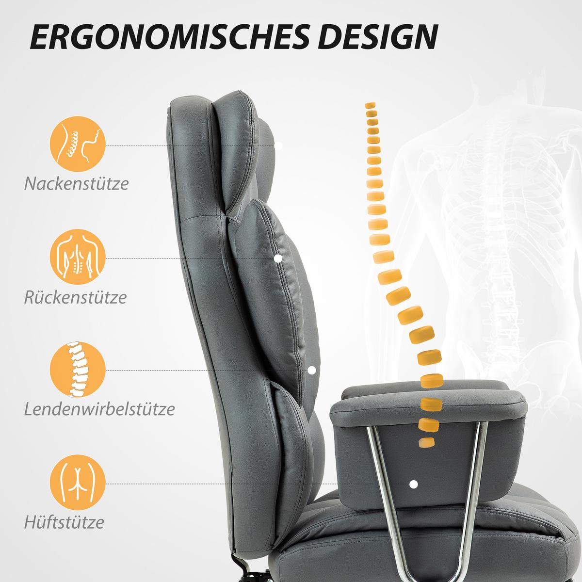 BÜROSTUHL mit Liegefunktion, ergonomisch Schreibtischstuhl, Drehstuhl Dunkelgrau - Chromfarben/Dunkelgrau, Textil/Metall (65/128/74cm) - HOMCOM