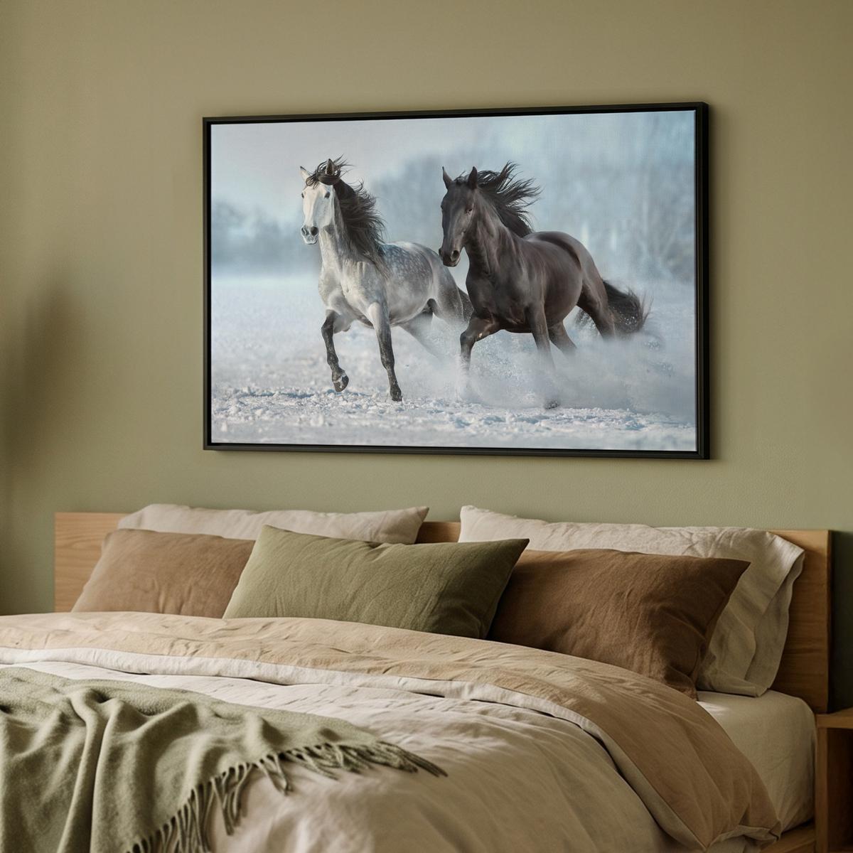 LEINWAND Bilder mit Rahmen - Pferde - Winter - Tiere - Natur - Schnee - 90x60 - Anthrazit, Textil (90/60cm) - MuchoWow