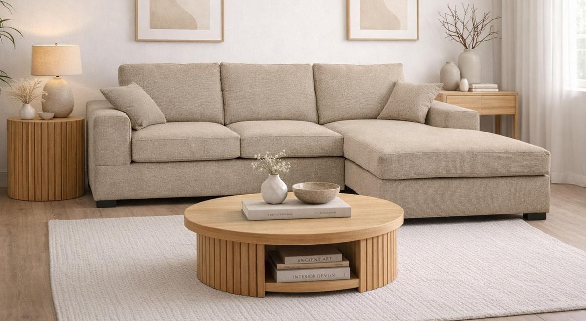 SOFA beige Strukturstoff 308 cm, Ecksofa 5-Sitzer, L-Sofa Ottomane rechts - Beige/Schwarz, Holz/Textil (308/186cm) - Inn.Furn