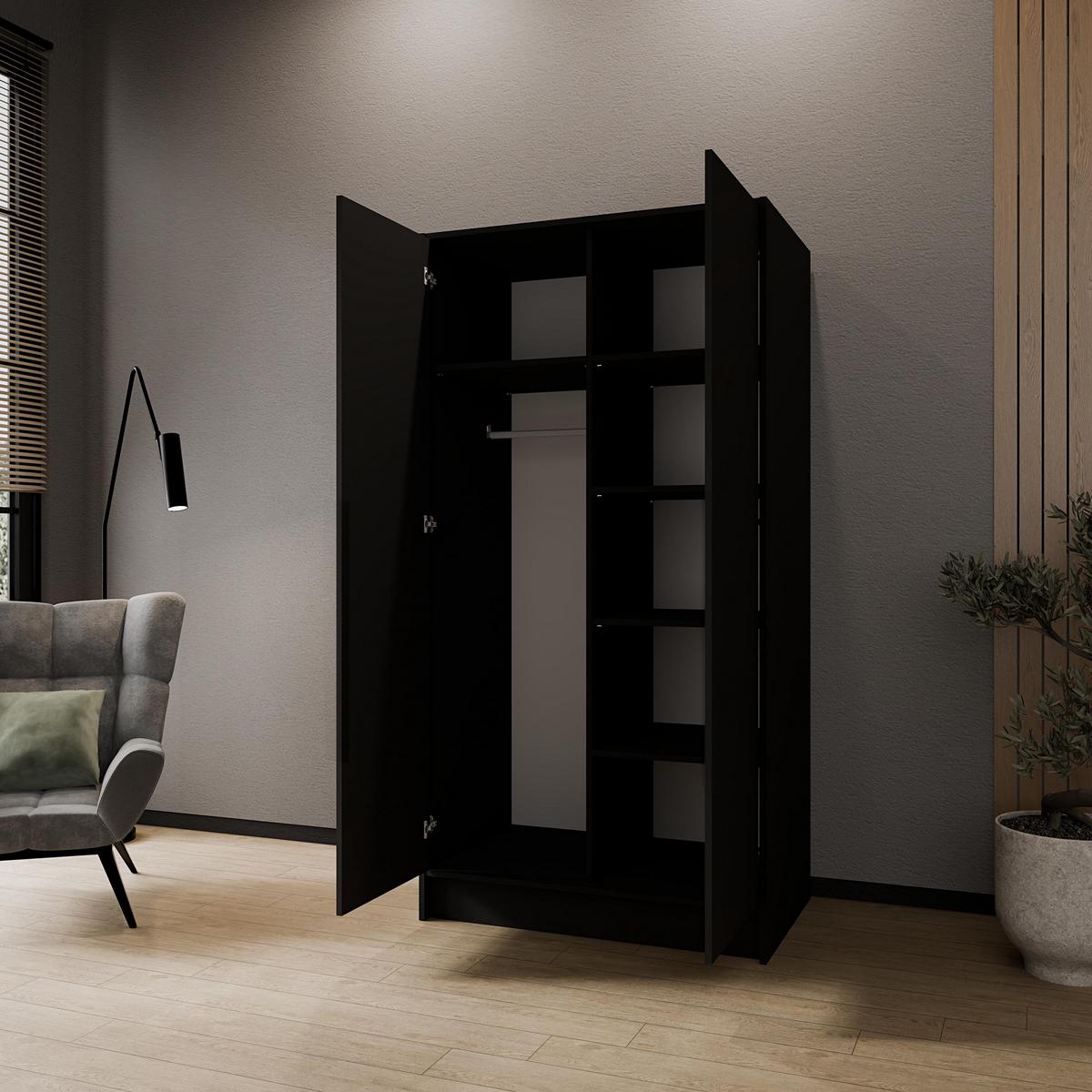 DREHTÜRENSCHRANK VELAR 102/200/51 cm Modern Kleiderschrank 2-türig Schwarz - Schwarz, Holzwerkstoff (102/200/51cm) - MASSENO