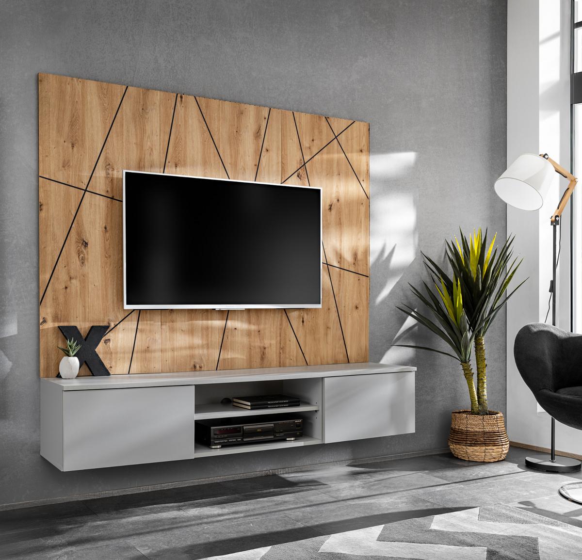 TV-LOWBOARD grau, Eiche Artisan 160, TV-Unterschrank hängend mit Akustikpaneel - Hellgrau/Eiche Artisan, Glas/Holzwerkstoff (160/148/35cm) - Inn.Furn