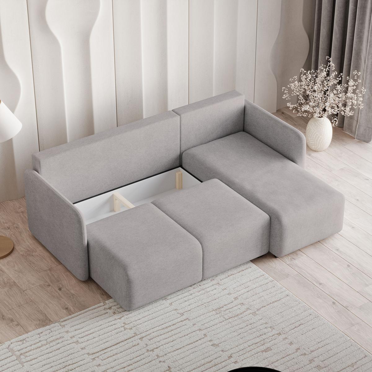 ECKSOFA SUVINO Hellgrau Geflochtener Stoff mit Schlaffunktion - Hellgrau, Holz (230/143cm) - MASSENO