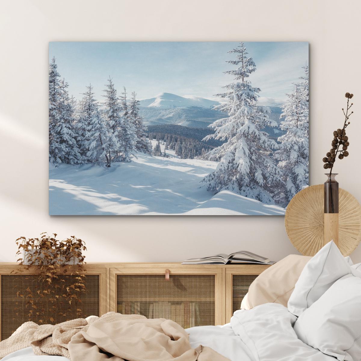 AKUSTIKBILD Winterlandschaft - Natur - Berge - Bäume - Schnee Wandbild Wohnzimmer 100x70 cm - Hellblau, Kunststoff (100/70/0.9cm) - MuchoWow