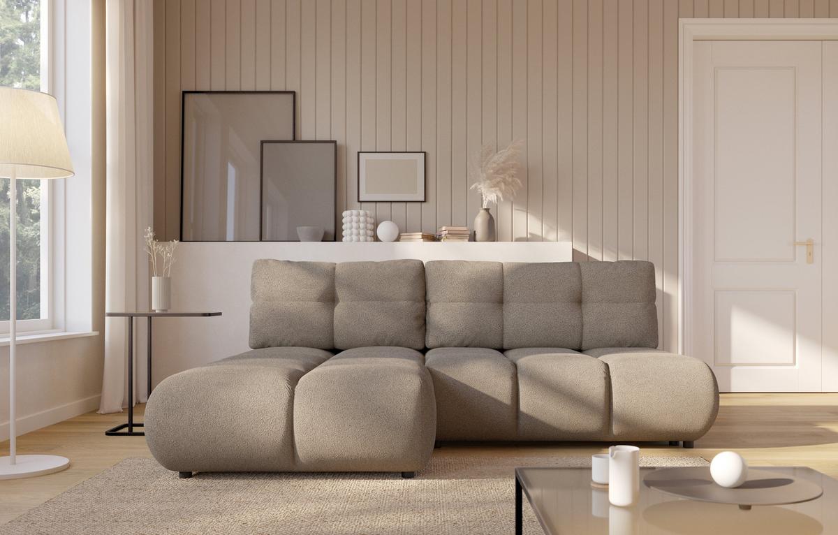 ECKSOFA CORSO L-S Grau Boucle-Stoff mit Schlaffunktion - Grau, Holz (230/177cm) - MASSENO