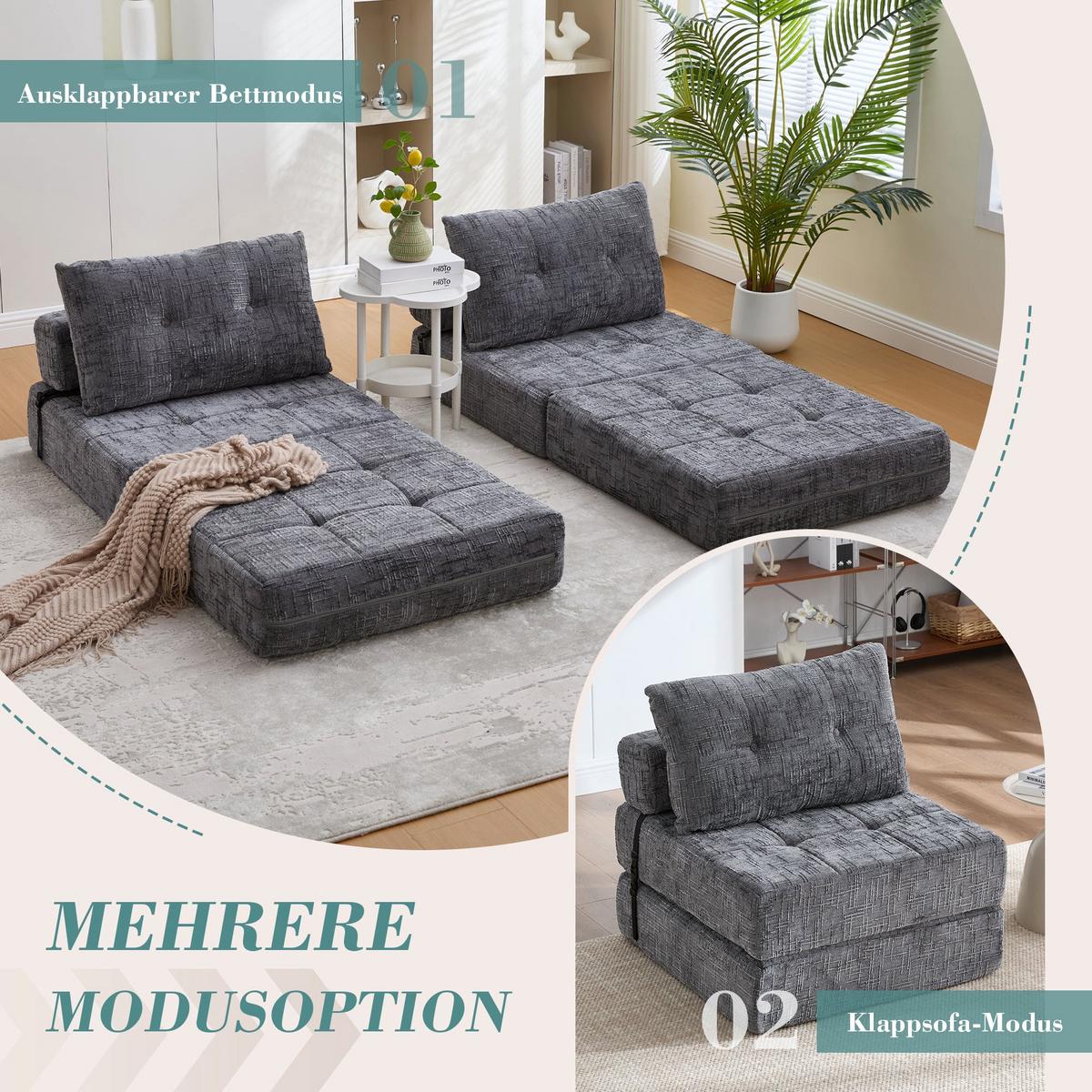 KLAPPBARER Chenille-Sessel mit Kissen, 79 x 79 x 57 cm, Grau - Grau, Textil (79/57/79cm) - Urban Meuble