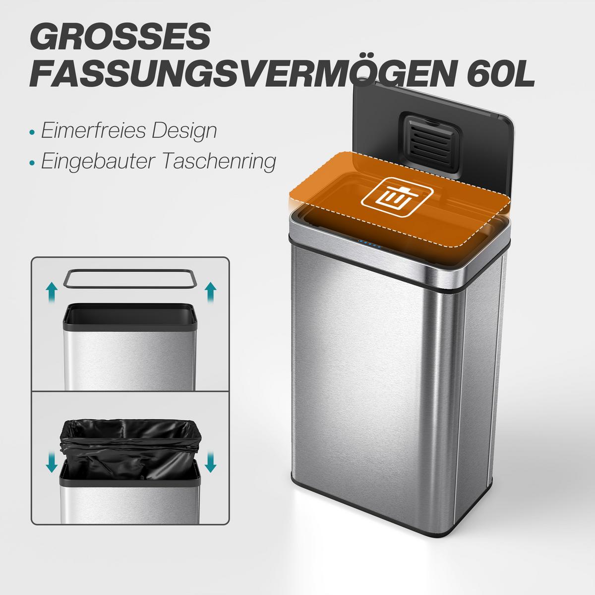 MÜLLEIMER mit Sensor 60L Edelstahl Leiser Automatischer Abfalleimer Silber - Silberfarben, Metall (27/66/39cm) - HOMCOM