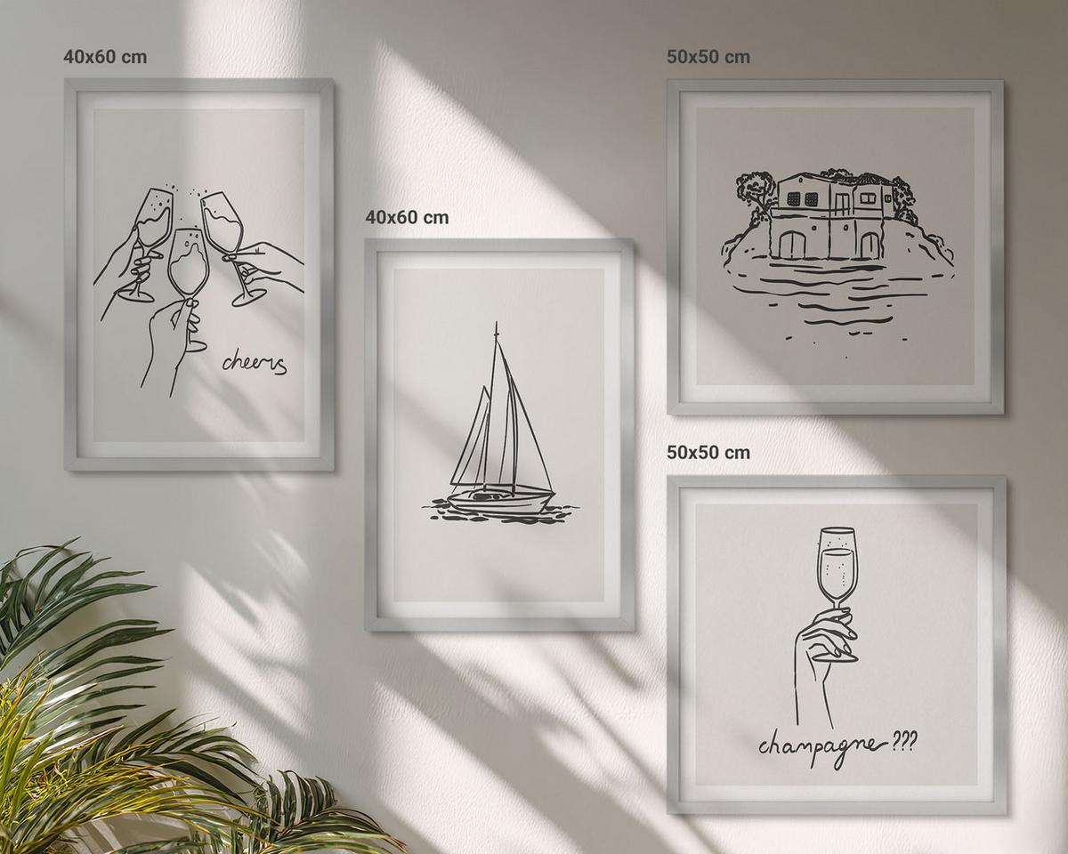 BILDER SET 4er Set - 50x50 cm & 40x60 cm Silberner Rahmen - Haus am Wasser, Toastsegelboot - Silberfarben, Kunststoff (50/50cm) - TULUP