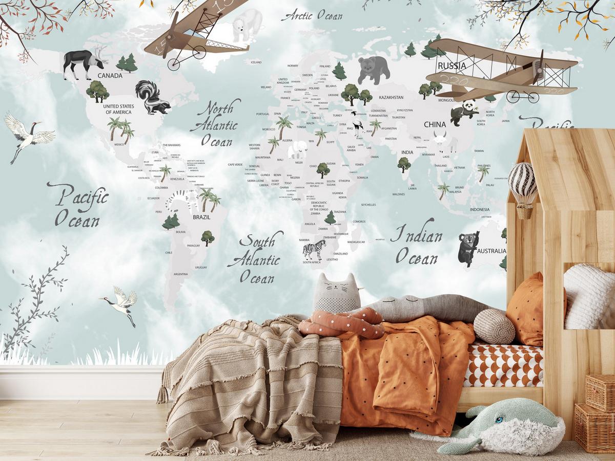 FOTOTAPETE für Kinderzimmer Weltkarte Tiere Flugzeuge Pflanzen 300x210 - Blau/Beige, Papier (300/210cm) - Muralo
