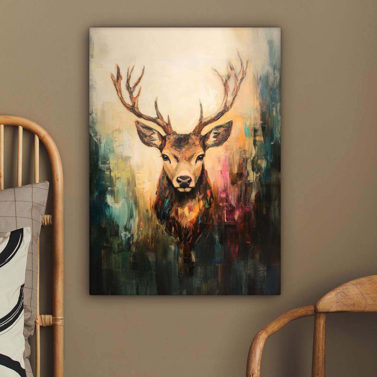 LEINWANDBILD Hirsch - Gemalt - Geweih - Braun Wandbild Wohnzimmer 60x80 cm - Haselnussfarben, Textil (60/80cm) - MuchoWow