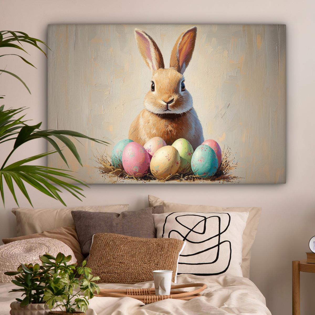 LEINWANDBILD Osterhase - Pastell - Eier Wohnzimmer Groß 120x80 cm - Beige, Textil (120/80cm) - MuchoWow