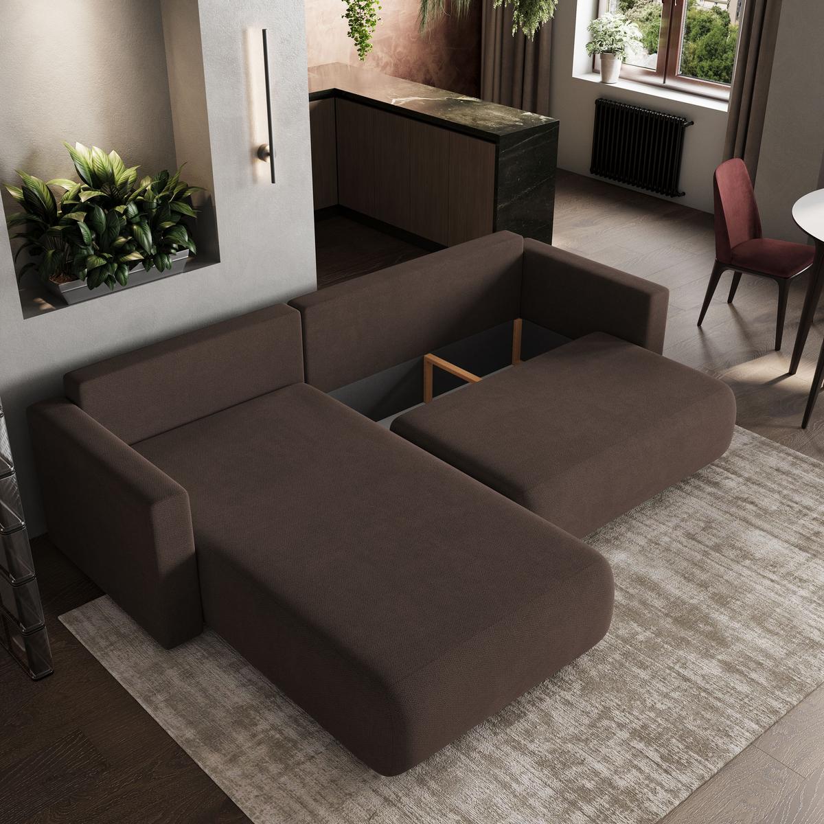 ECKSOFA TURIN Braun Geflochtener Stoff mit Schlaffunktion - Braun, Holz (265/183cm) - MASSENO