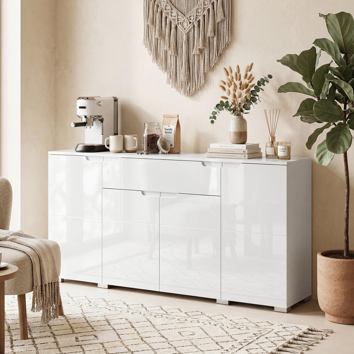 SIDEBOARD MDF Weiß Hochglanz - Weiß Hochglanz, Holzwerkstoff (40/80/180cm) - HOMCOM