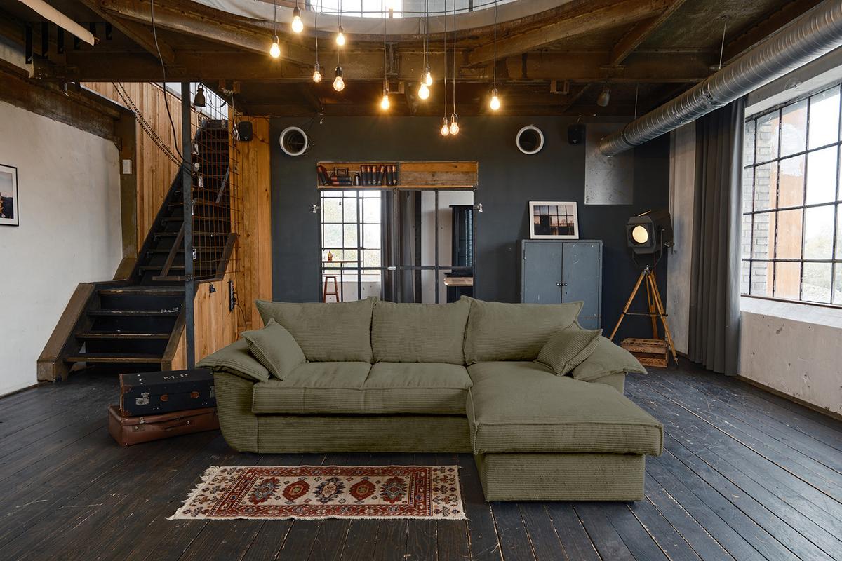 ECKSOFA DAMETO Grün Cord Mit Schlaffunktion - Schwarz/Olivgrün, Kunststoff/Textil (266/174cm) - KAWOLA