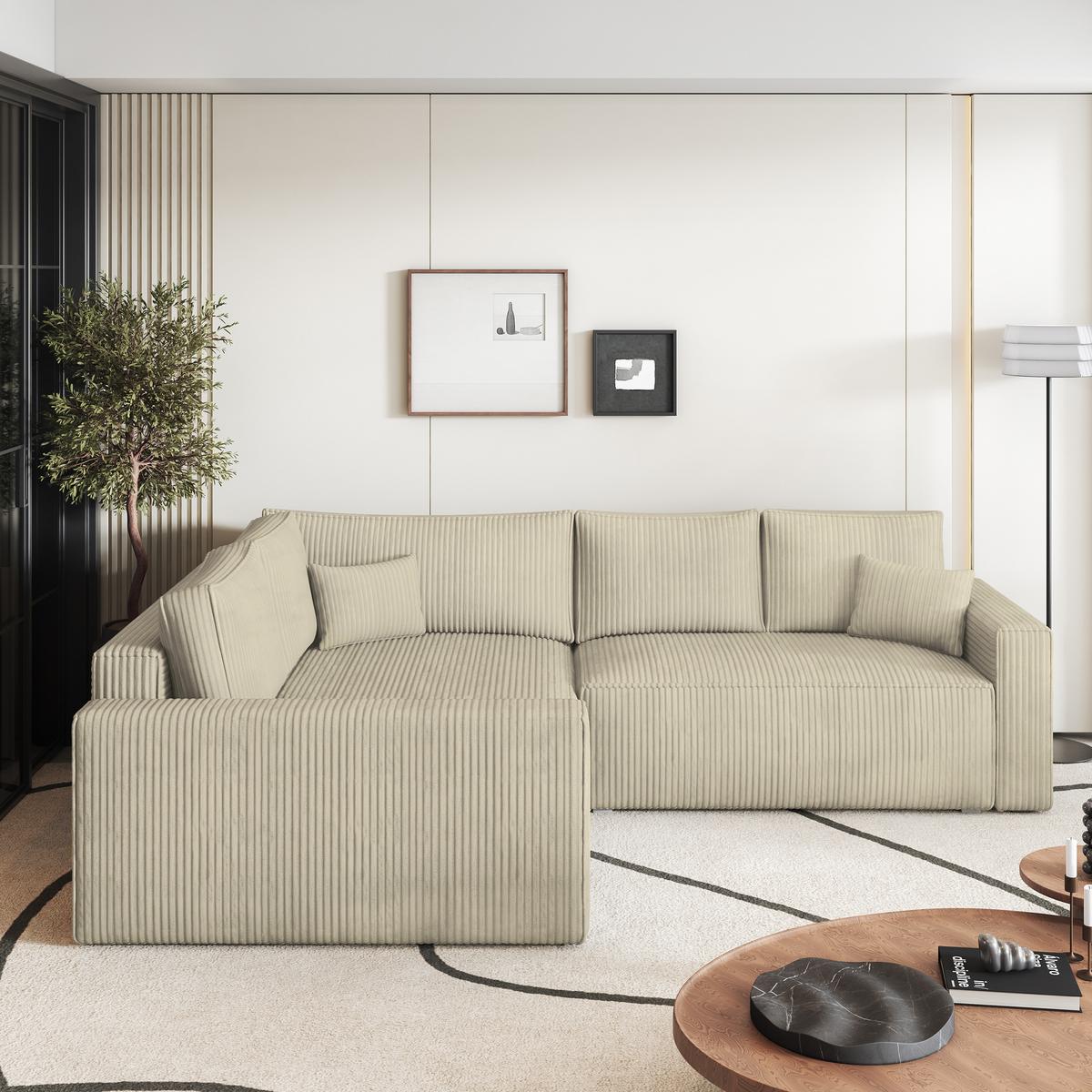 ECKSOFA ERONIS L-S Creme Kordstoff mit Schlaffunktion - Creme, Holz (265/194cm) - MASSENO