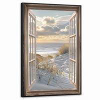 LEINWAND Bilder mit Rahmen - Ausblick - Strand - Dünen - Meer - Natur - 60x90 - Sandfarben, Textil (60/90cm) - MuchoWow
