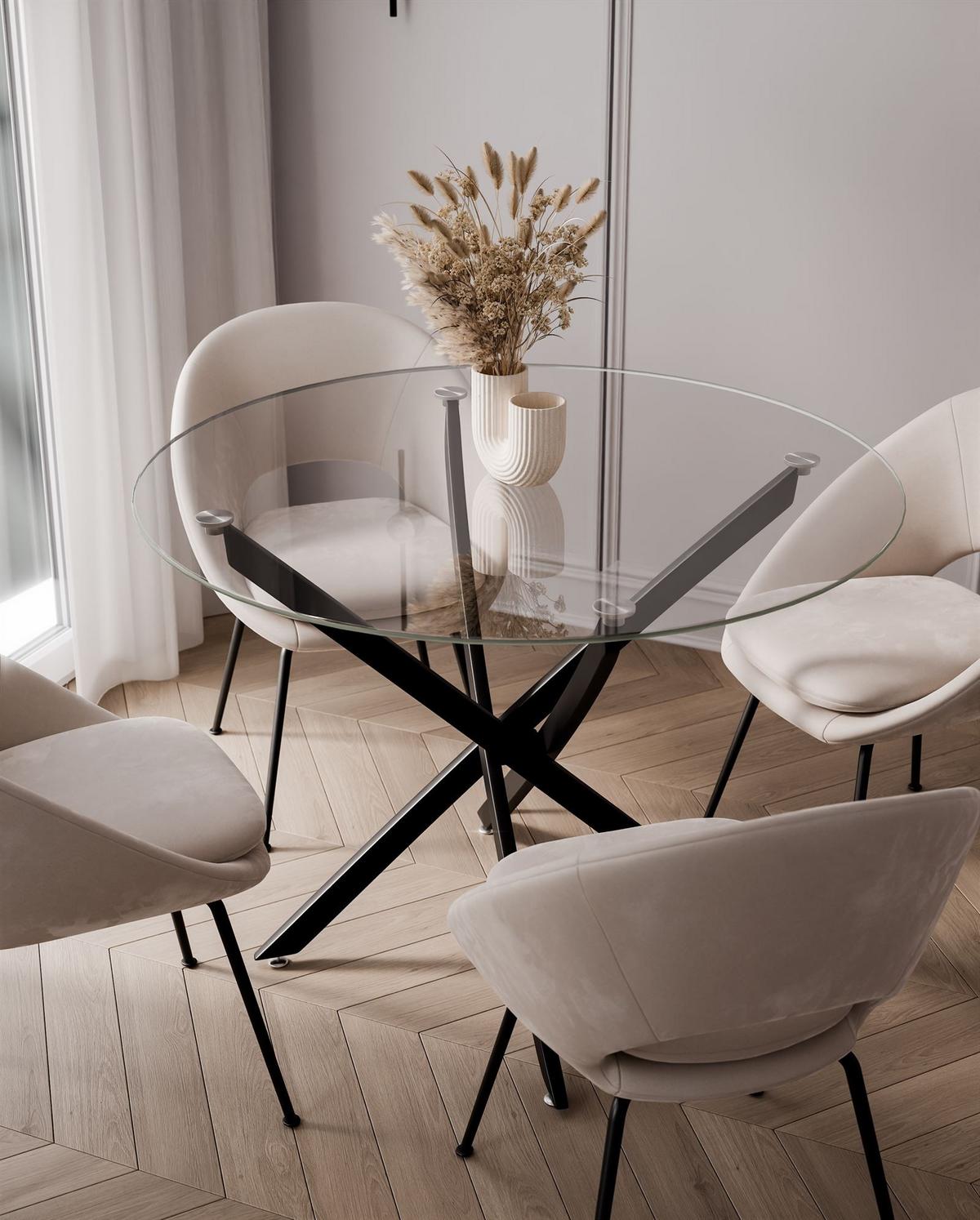 ESSTISCH BEIRA Runder Tisch 90 cm mit Glasplatte und Schwarz Tischbeine - Schwarz, Metall (90/90/72cm) - Lookway