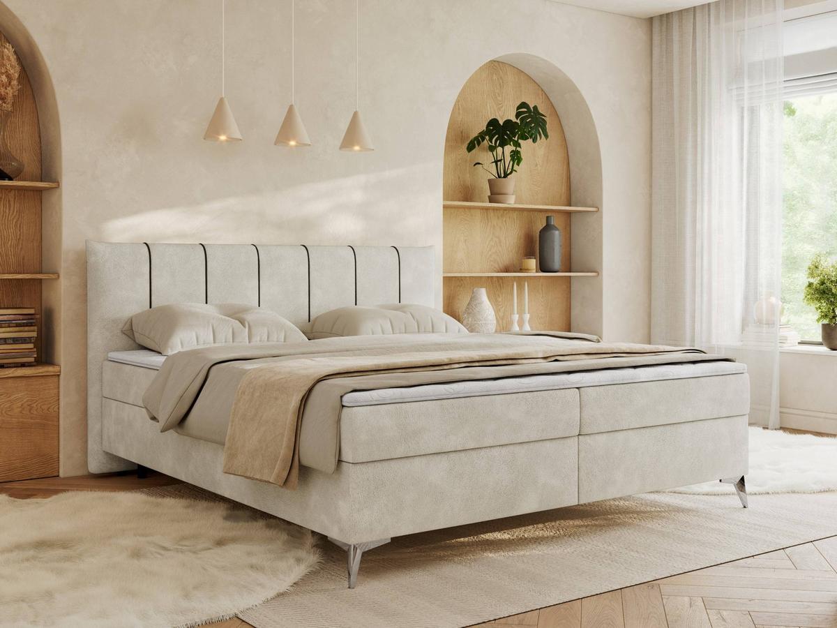 BOXBETT DRINEA 140/200 - Hellbeige Velours - H4 - Beige, Textil (140/200cm) - MKS