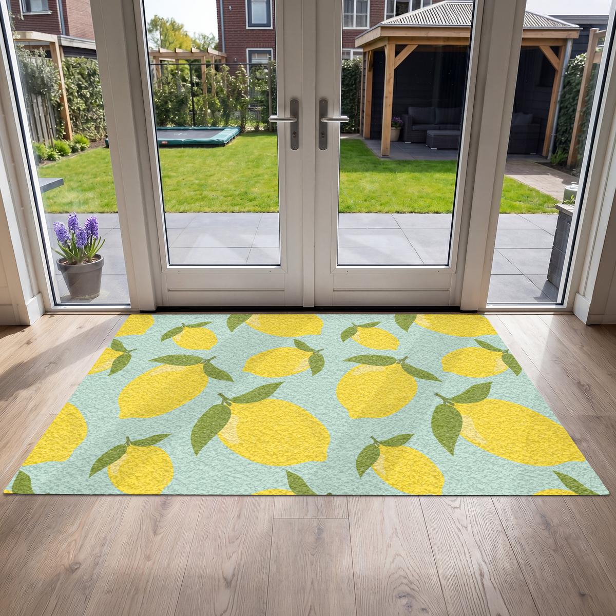 FUSSMATTE Muster Zitronen - Gelb - Blau - Muster - Früchte Flurteppich 180x120 cm - Gelb, Kunststoff (180/0.4cm) - MuchoWow